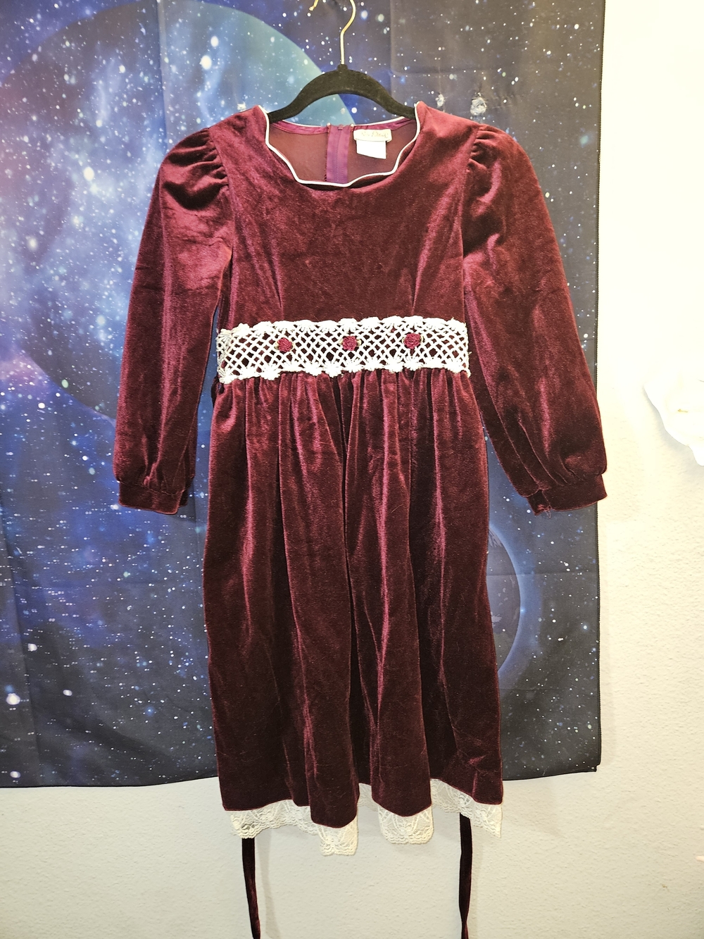 Rare Editions Burgundy Velvet Dress with White Lace Waistband